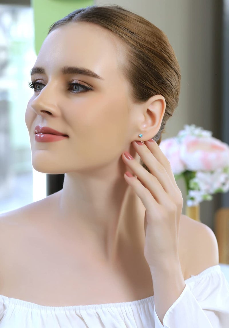 B. BRILLIANT Aquamarine Earrings for Women Sterling Silver Studs 4mm European Crystals Earrings for March Birthstone Prom Bridesmaids Holiday Gift Birthday Fashion - Image 3